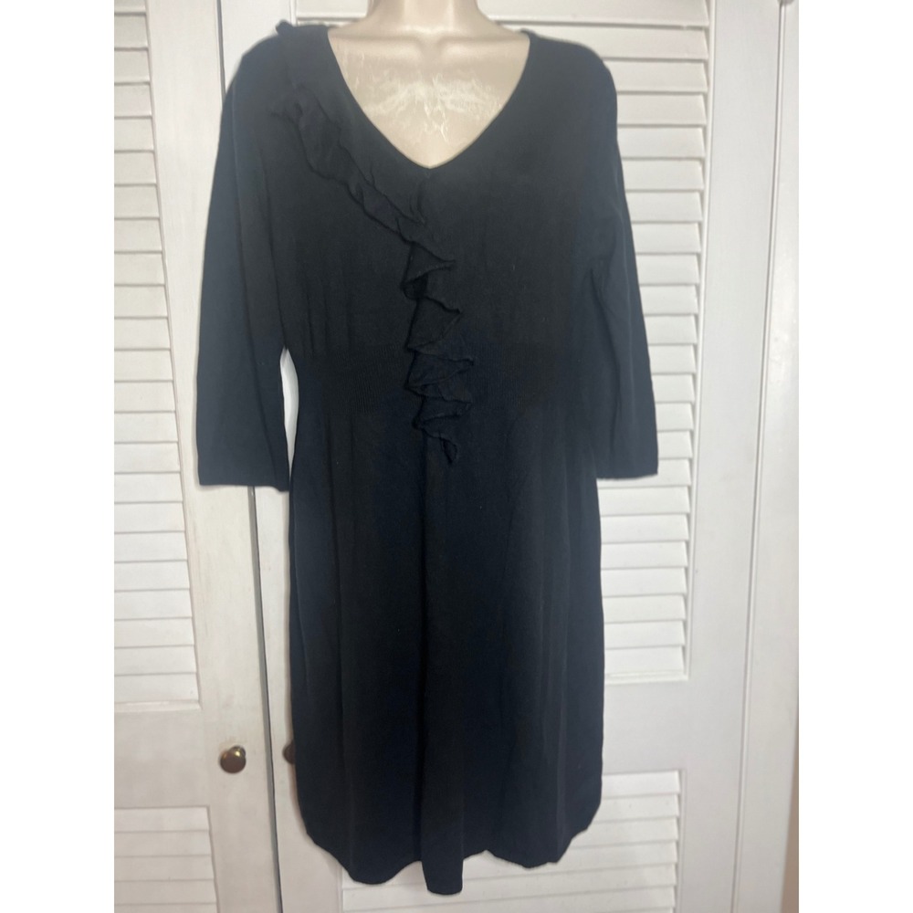 Spense Black Sweater Dress Ruffle Detail V Neck 3/4 Sleeve Knit Casual NWT Large